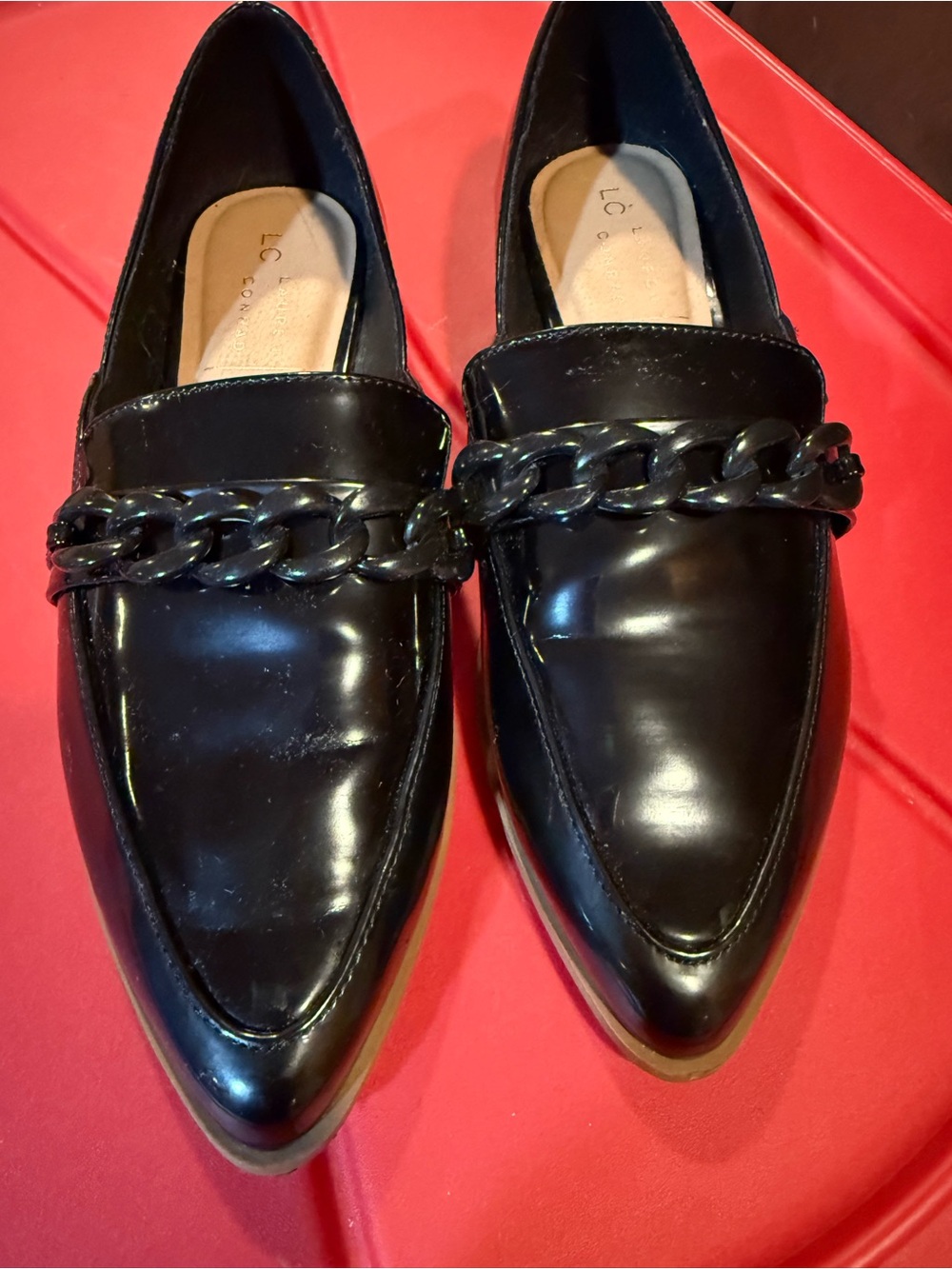 Lauren Conrad Black Patent Chain-Accent Loafers with memory foam